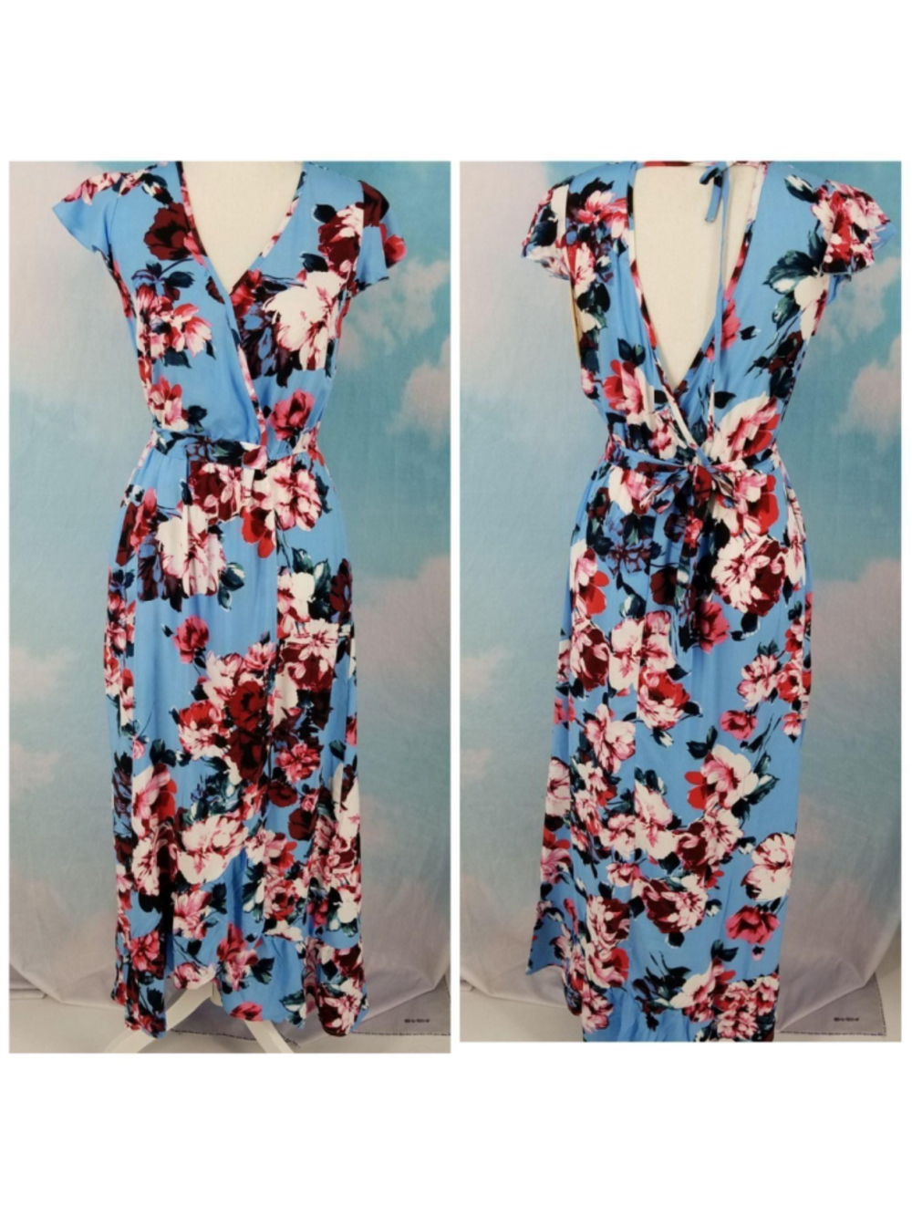 Band of Gypsies Floral Wrap Maxi Dress Small NWT Blue Pink Boho